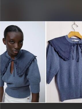 Zara Denim-Style Blue Ruffle Collar Short Sleeve Sweater